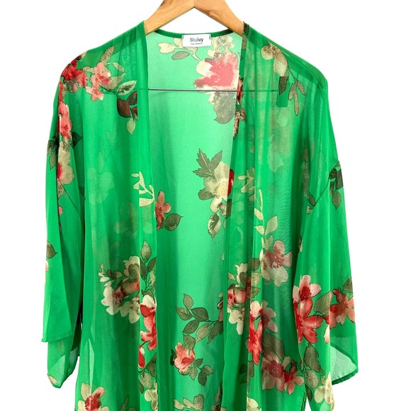 Bluivy Other - Bluivy Green Floral Print Sheer Chiffon Kimono Cardigan Swim Suit Coverup M/L